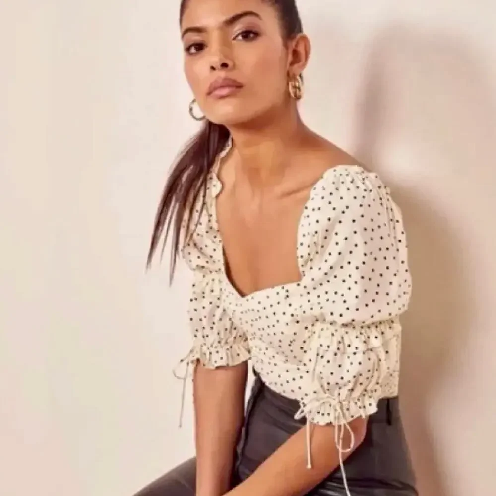 Reformation Nina Polka Dot Puff Sleeve Blouse – Cream/Black